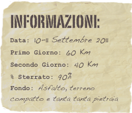 informazioni:  
Data: 10-11 Settembre 2011 Primo Giorno: 60 KmSecondo Giorno: 40 Km% Sterrato: 90%
Fondo: Asfalto, terreno compatto e tanta tanta pietraia