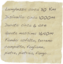 Lunghezza: circa 30 Km
Dislivello: circa 1000m
Durata: circa 6 ore
Quota massima: 1640m
Fondo: asfalto, terreno compatto, fogliame, pietre, pietraia, fango....