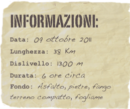 informazioni:  
Data: 09 ottobre 2011 
Lunghezza: 38 Km
Dislivello: 1300 mDurata: 6 ore circa
Fondo: Asfalto, pietre, fango terreno compatto, fogliame