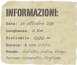 informazioni:  
Data: 23 ottobre 2011 
Lunghezza: 21 Km
Dislivello: 1000 mDurata: 4 ore circa
Fondo: Asfalto, pietre, fango terreno compatto, fogliame
