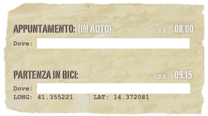 appuntamento: (in auto)                            Ora: 08.00 
Dove: Uscita Caserta Nord autostrada Napoli-Roma 

partenza in bici:                                                 Ora: 09.15 
Dove: Piedimonte Matese - Piazza Vincenzo Cappello  LONG: 41.355221     LAT: 14.372081