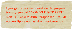 Ogni genitore è responsabile del proprio
bimbo/i per cui “NON VI DISTRAETE”.
Non ci assumiamo responsabilità di nessun tipo e non esistono assicurazioni.